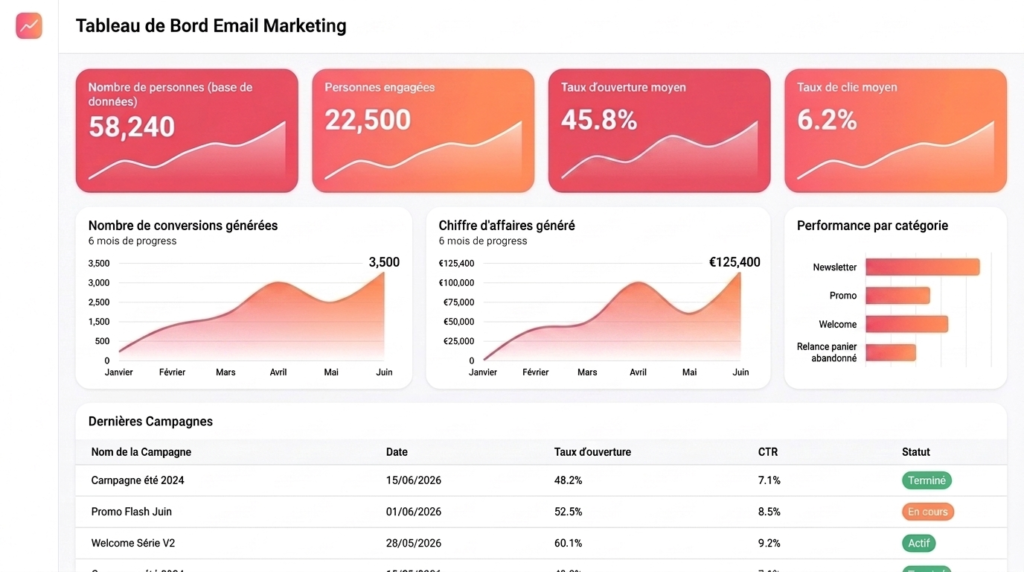 Tableau de bord d'email marketing qui présentent plusieurs indicateurs clés ainsi que leurs courbes de croissance.